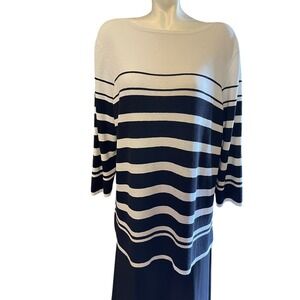 Striped Knit Top, Boat Neck 3/4 Sleeve, Navy‎ & White, Casual, Elegant,